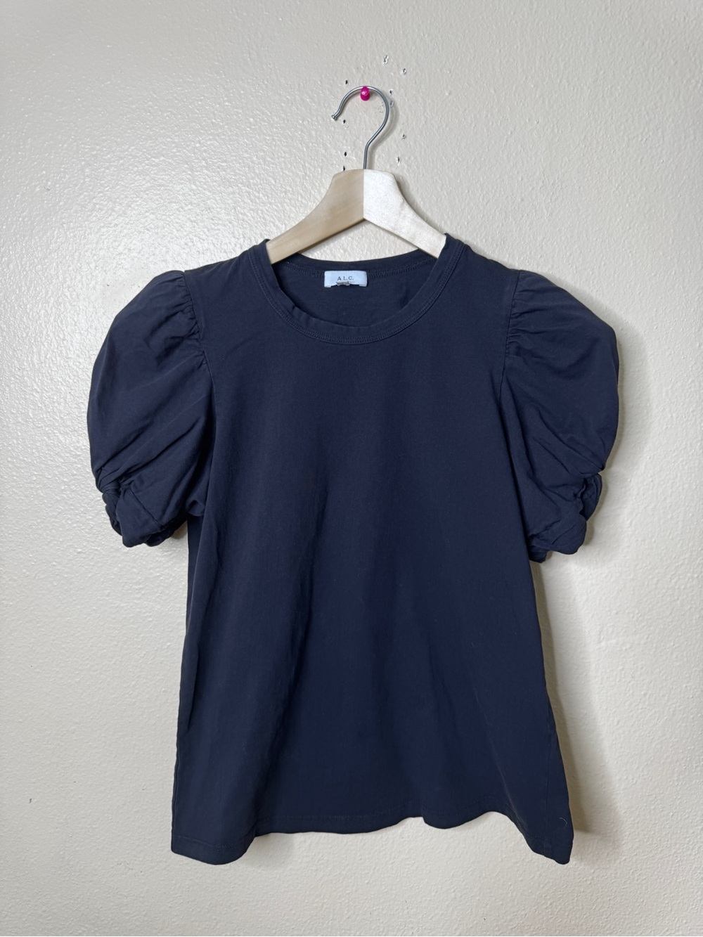 A.L.C. Women’s Medium Black Puff Sleeve Ruched Cotton Shirt Made in USA